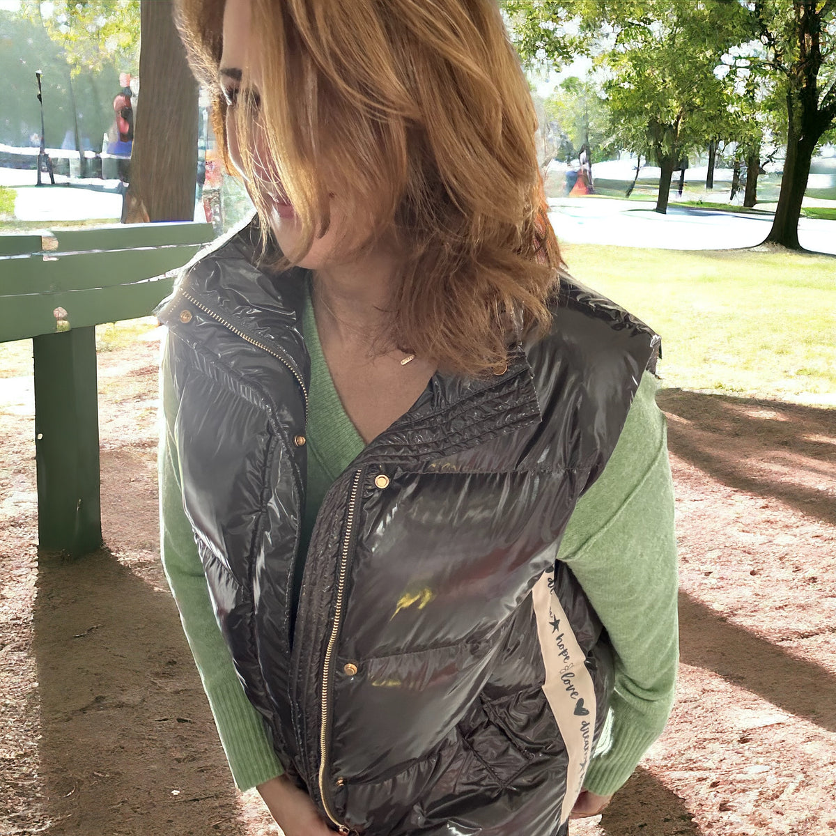 Slate grey shine puffer vest with drawstring cord
